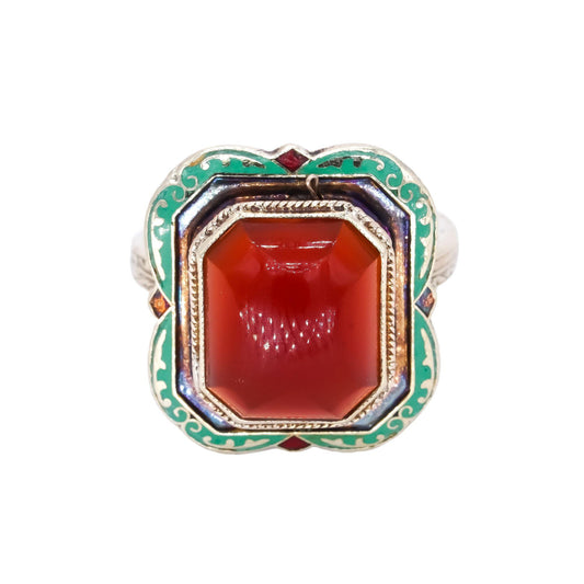 Antique Vintage 14k Yellow Gold 3.0CT Carnelian and Green Enamel Ring size 5.5