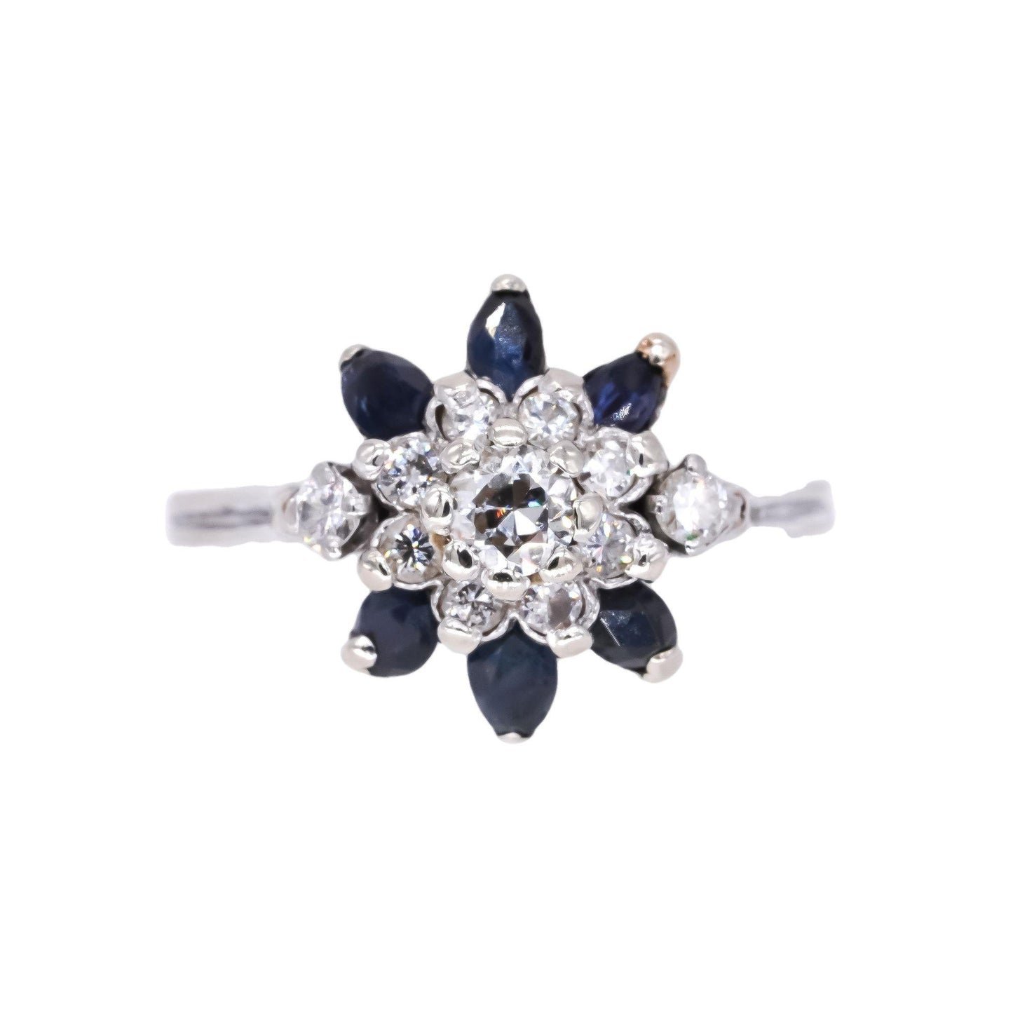 Vintage 14k White Gold 0.90CT Diamond and Sapphire Cluster Cocktail Ring size 8