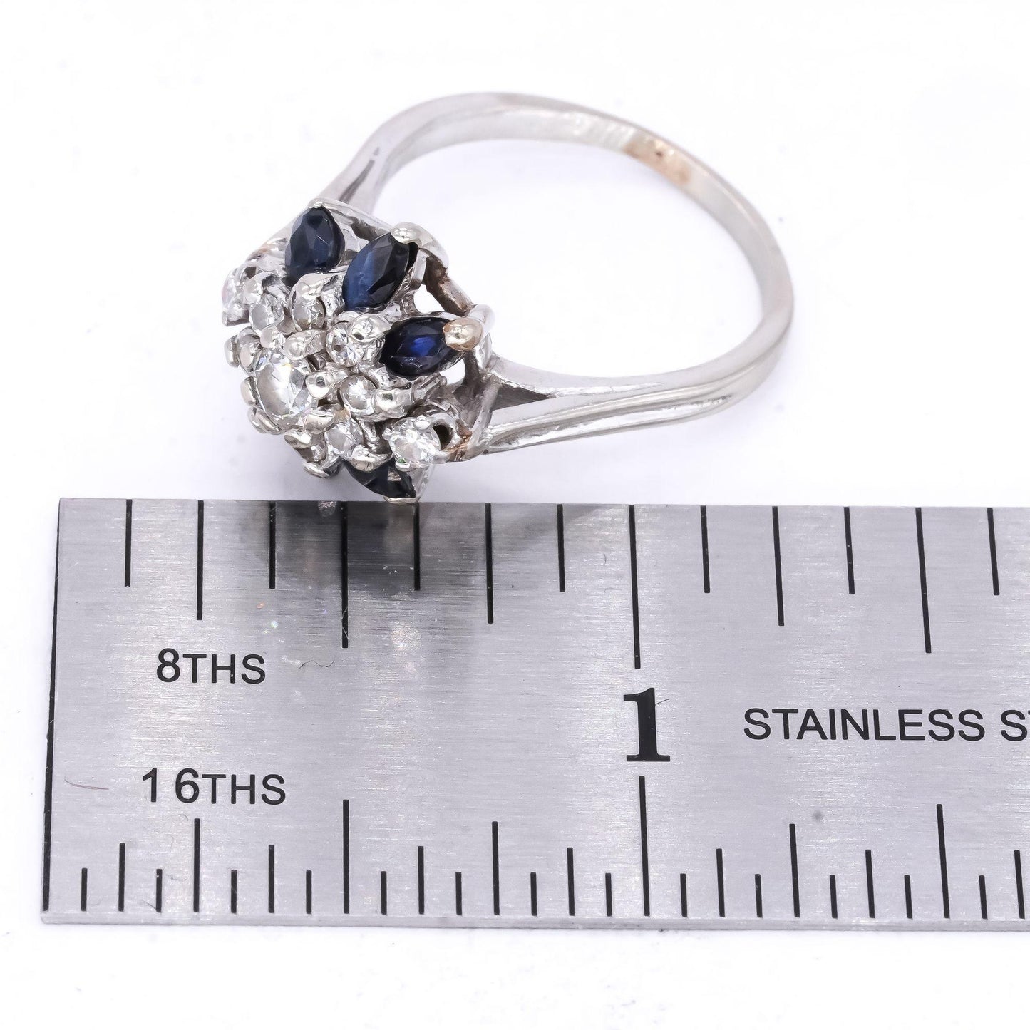 Vintage 14k White Gold 0.90CT Diamond and Sapphire Cluster Cocktail Ring size 8