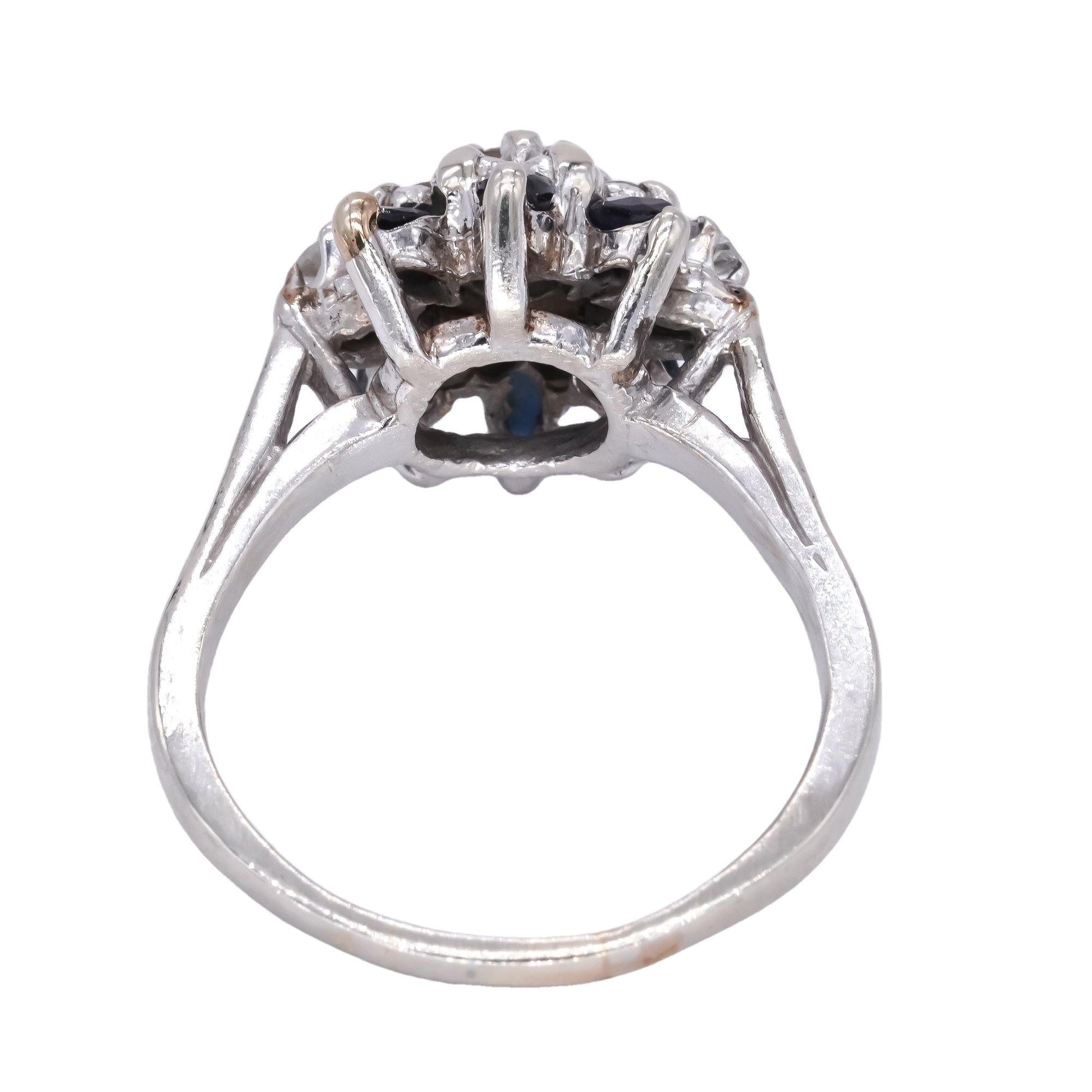 Vintage 14k White Gold 0.90CT Diamond and Sapphire Cluster Cocktail Ring size 8