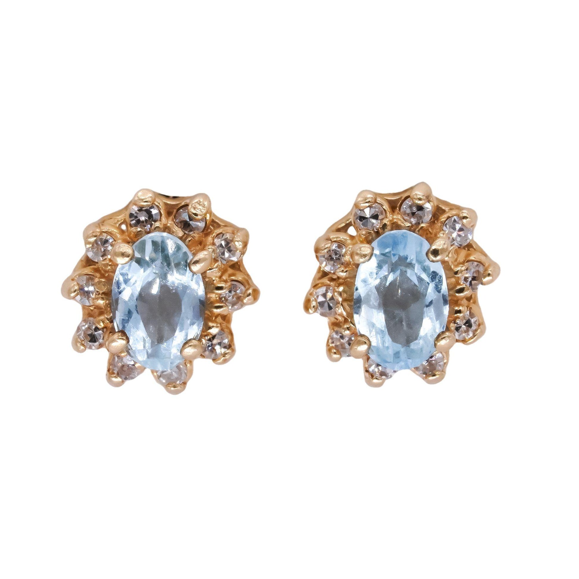 14k Yellow Gold 0.65CT VS Diamond and Aquamarine Halo Stud Earrings