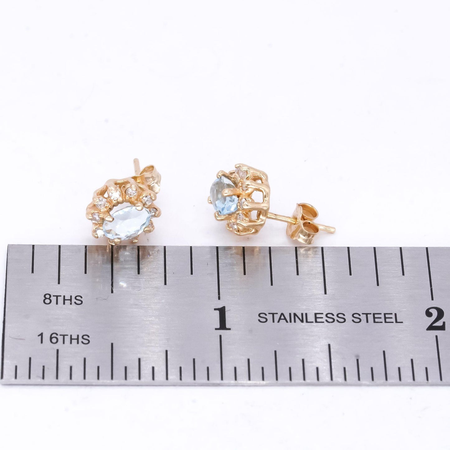 14k Yellow Gold 0.65CT VS Diamond and Aquamarine Halo Stud Earrings