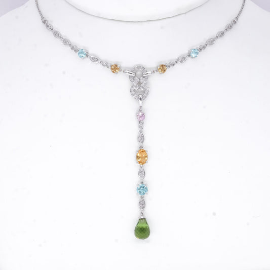 14k White Gold 2.50CT Diamond & Rainbow Gemstone Drop Dangle Necklace