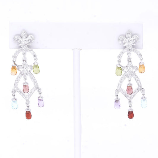 14k White Gold 1.83ct Diamond and Rainbow Gemstone Fleur-de-lis Dangle Earrings