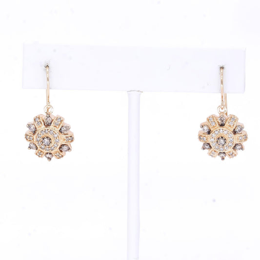 14k Rose Gold 1.0CT White and Brown Diamond Cluster Drop Dangle Earrings