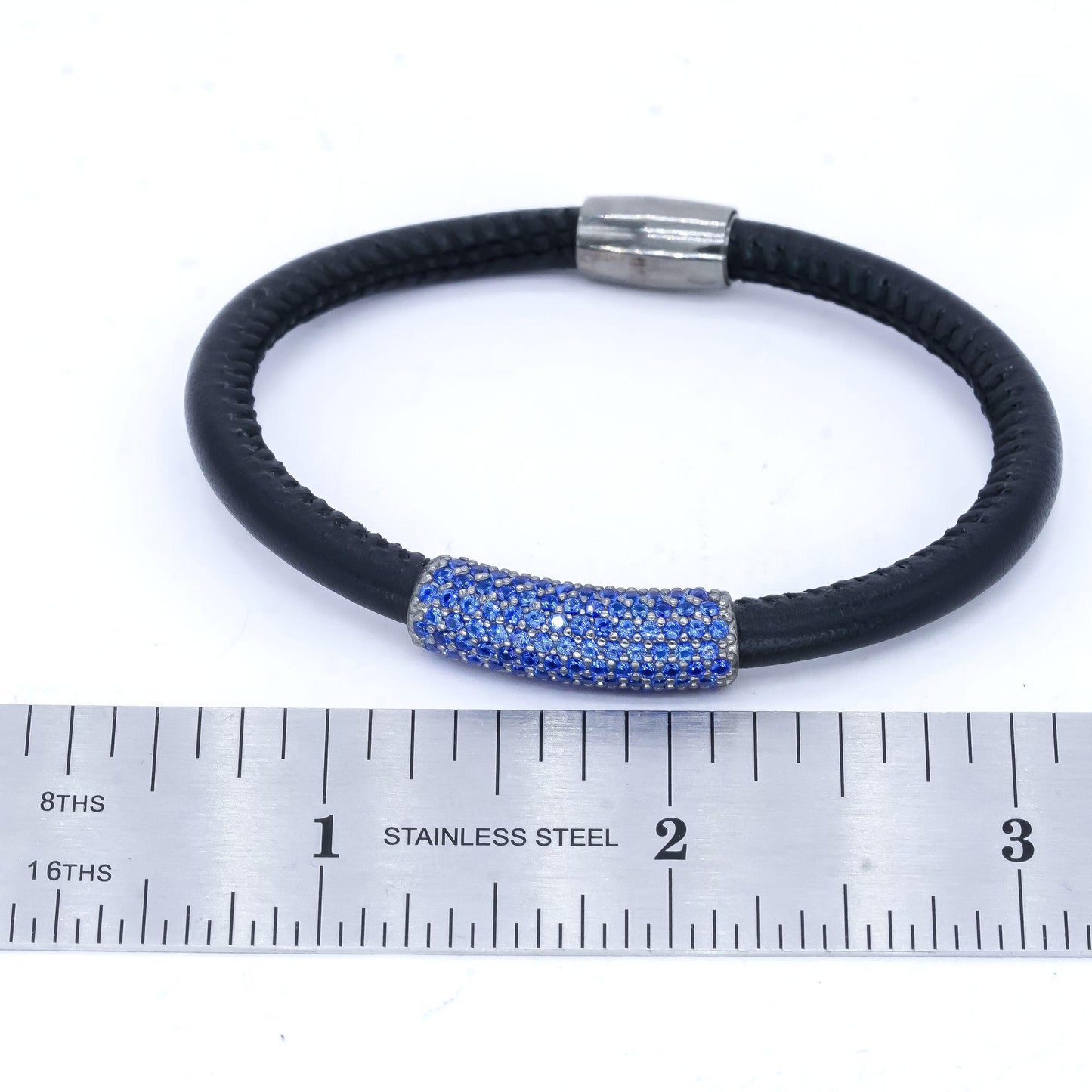 Sterling Silver 1.50CT Synthetic Blue Sapphire Black Cord Magnetic Bracelet