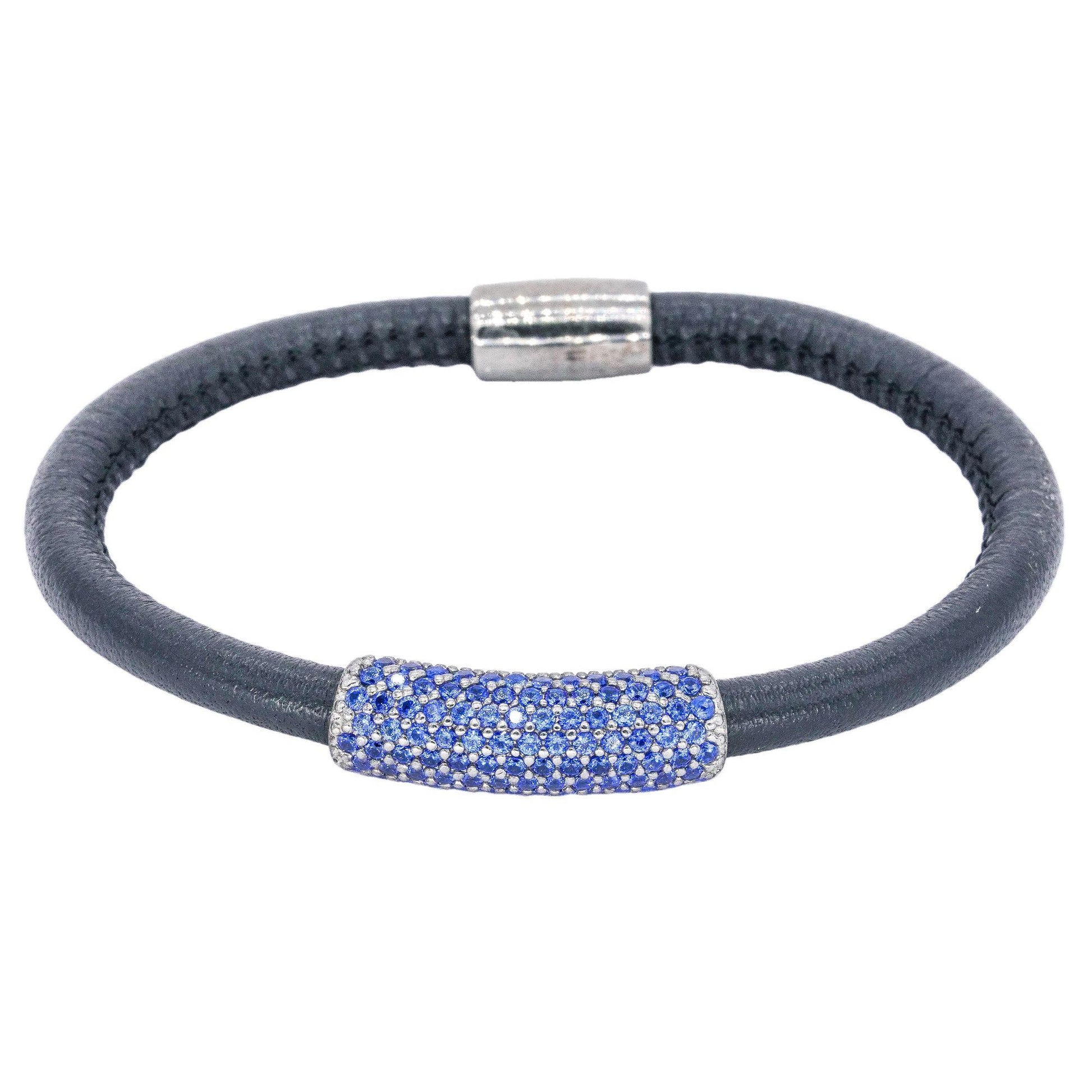 Sterling Silver 1.50CT Synthetic Blue Sapphire Black Cord Magnetic Bracelet