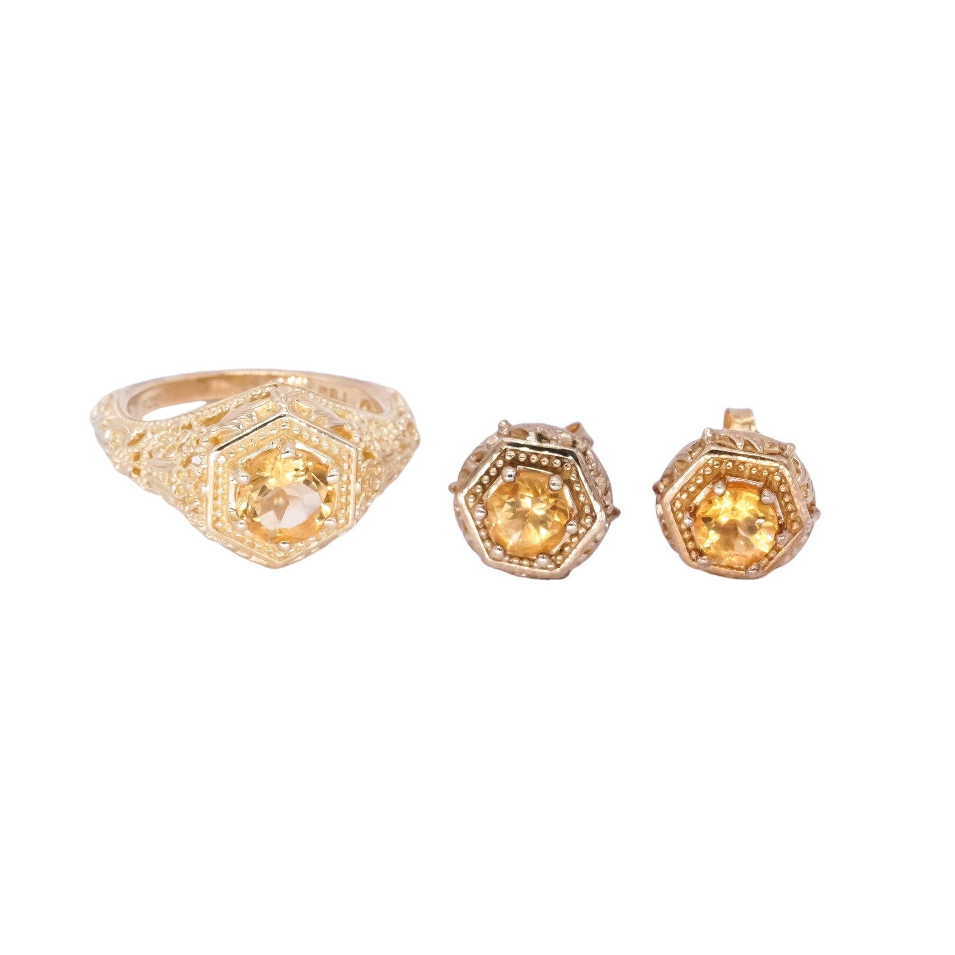 Sterling Silver Gold Plated 2.0CT Orange Citrine Earring and Ring Jewelry Set