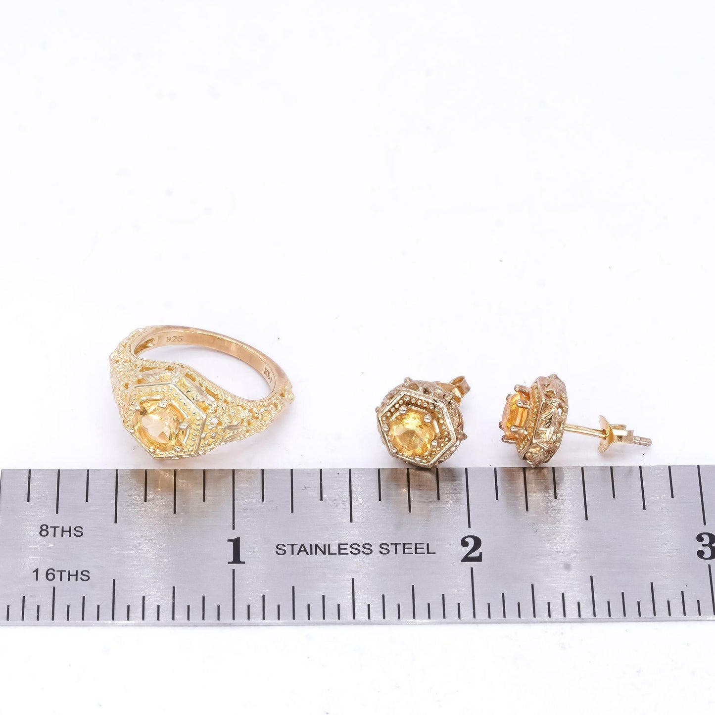 Sterling Silver Gold Plated 2.0CT Orange Citrine Earring and Ring Jewelry Set