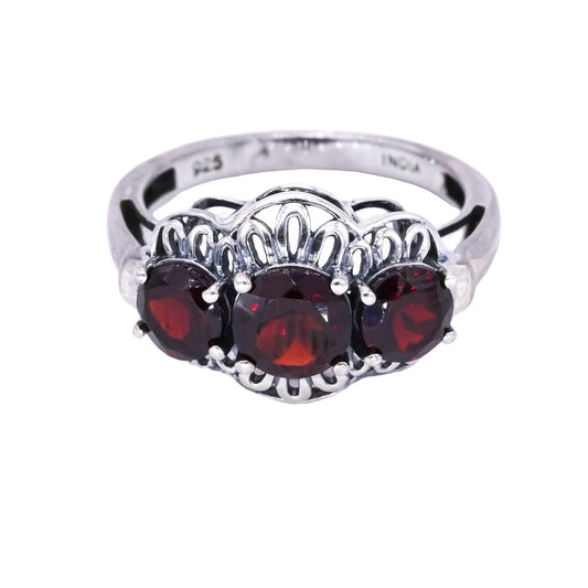 Sterling Silver Jewelry 2.0CT Garnet 3-Stone Ring size 6.25