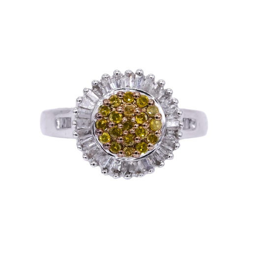 Sterling Silver Yellow and White Diamond Cluster Button Cocktail Ring Size 5