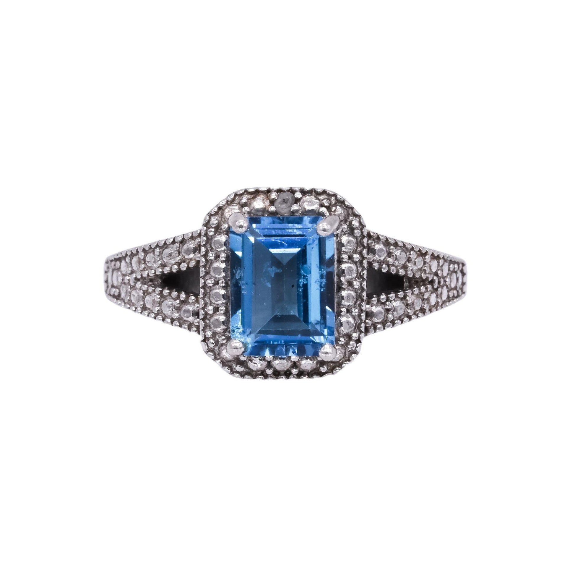 Sterling Silver Blue Topaz Emerald Cut Cocktail Ring Size 8.25