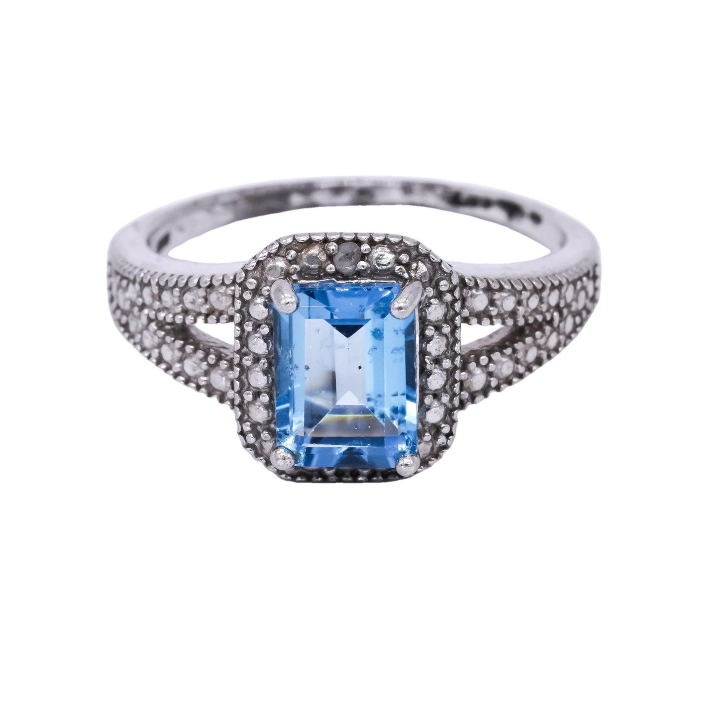 Sterling Silver Blue Topaz Emerald Cut Cocktail Ring Size 8.25