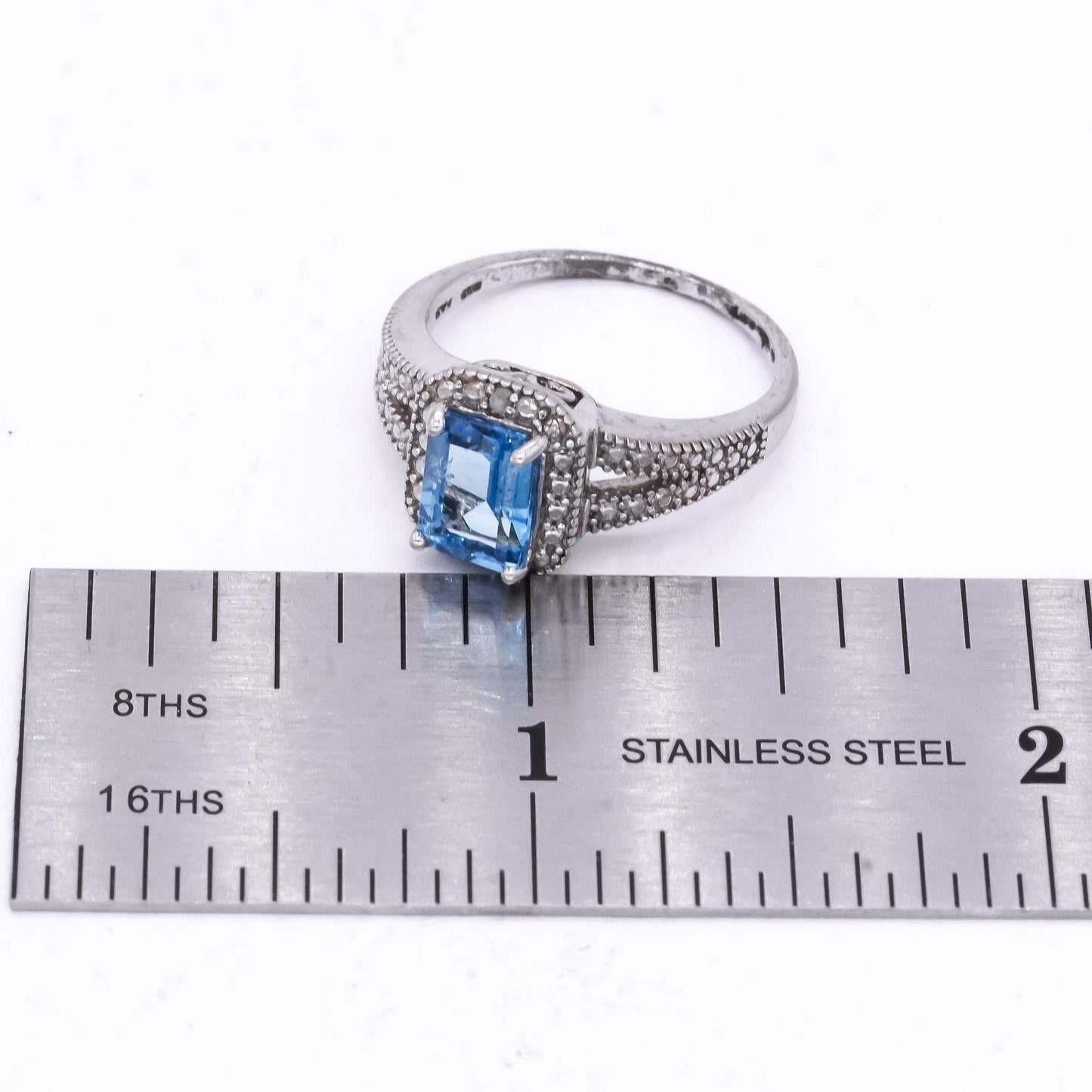 Sterling Silver Blue Topaz Emerald Cut Cocktail Ring Size 8.25