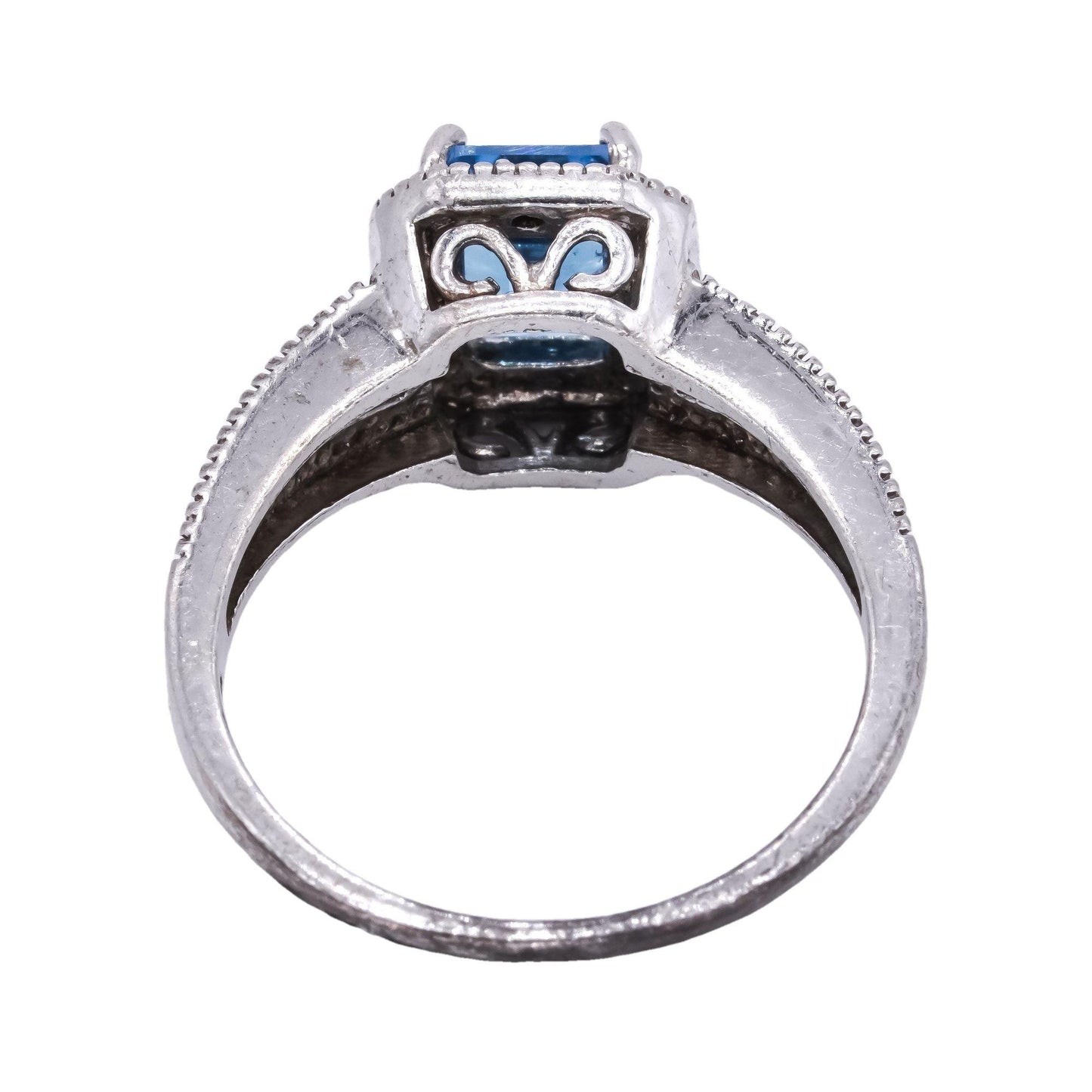 Sterling Silver Blue Topaz Emerald Cut Cocktail Ring Size 8.25