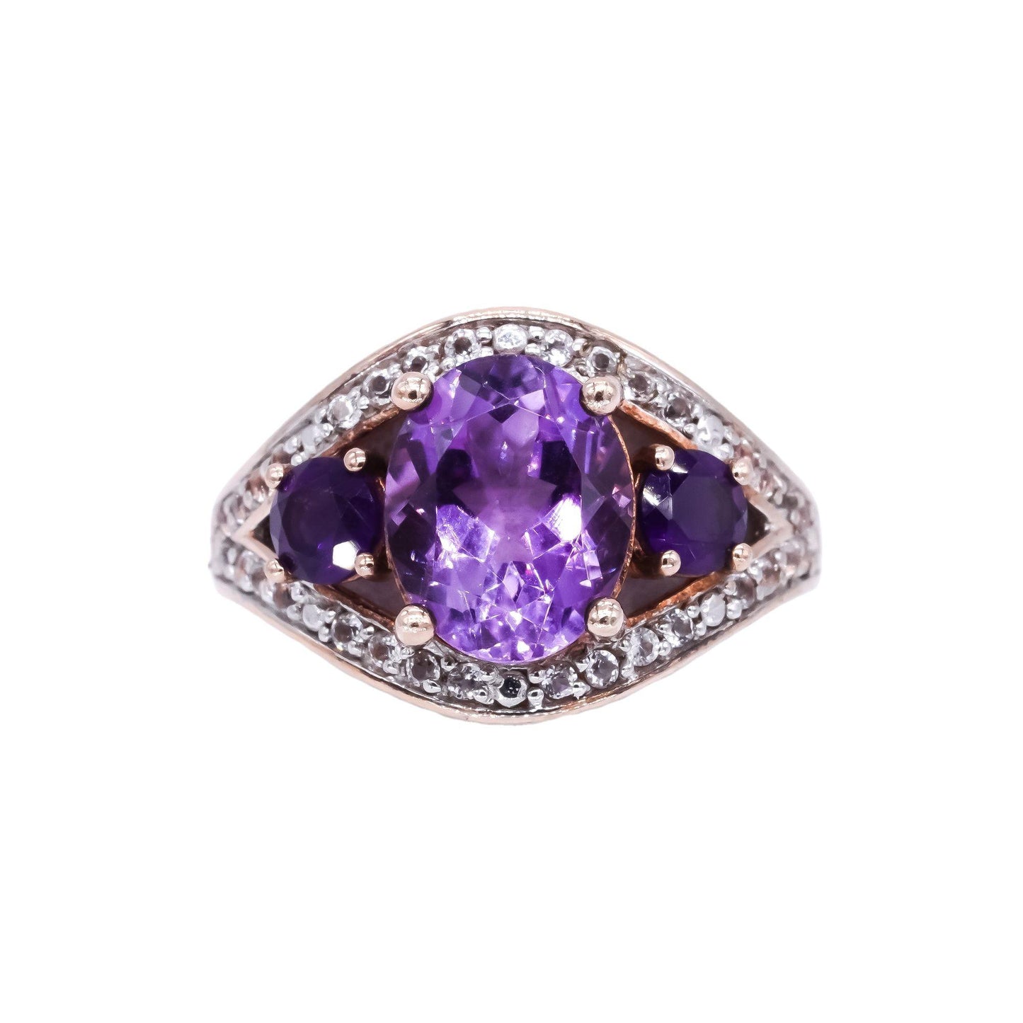 Sterling Silver Gold Plated Amethyst & White Topaz Cocktail Cluster Ring Size 6