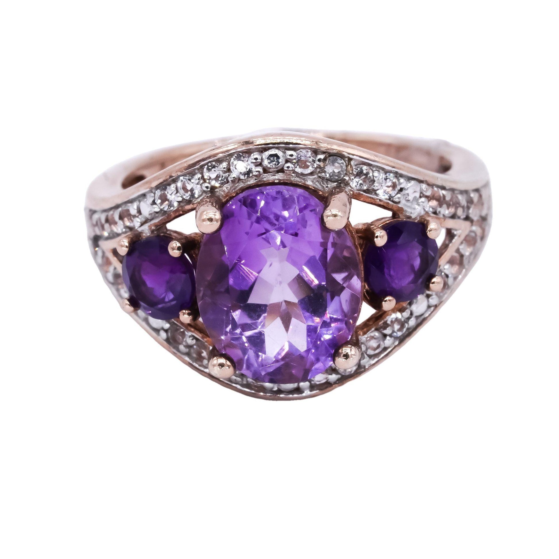 Sterling Silver Gold Plated Amethyst & White Topaz Cocktail Cluster Ring Size 6