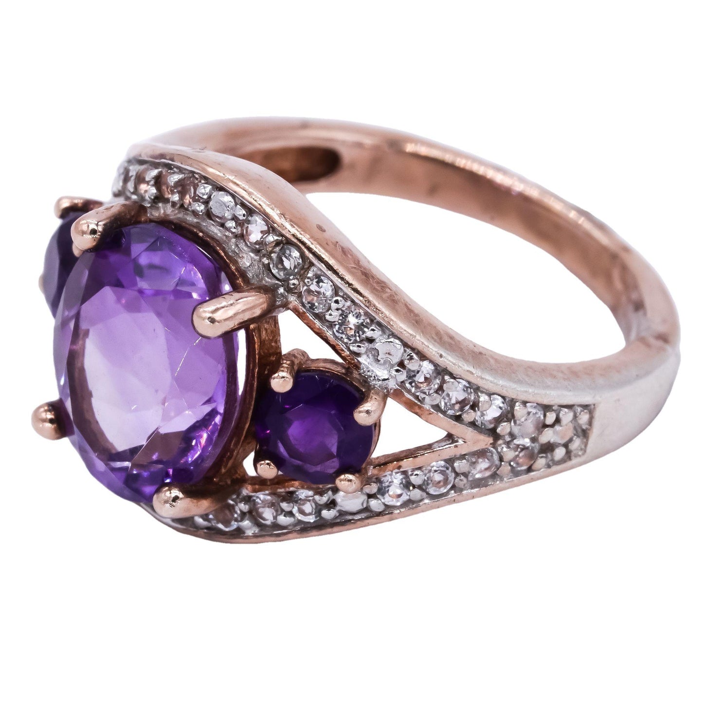 Sterling Silver Gold Plated Amethyst & White Topaz Cocktail Cluster Ring Size 6