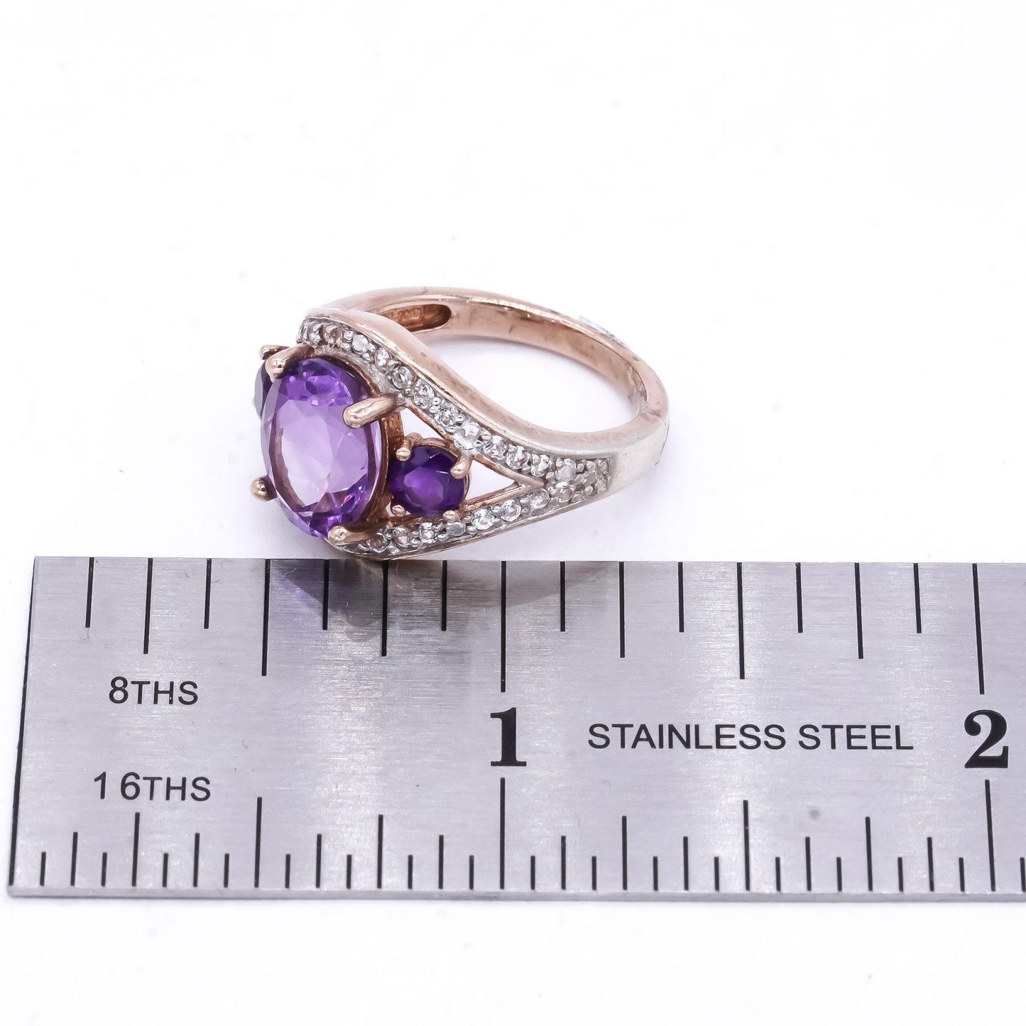 Sterling Silver Gold Plated Amethyst & White Topaz Cocktail Cluster Ring Size 6