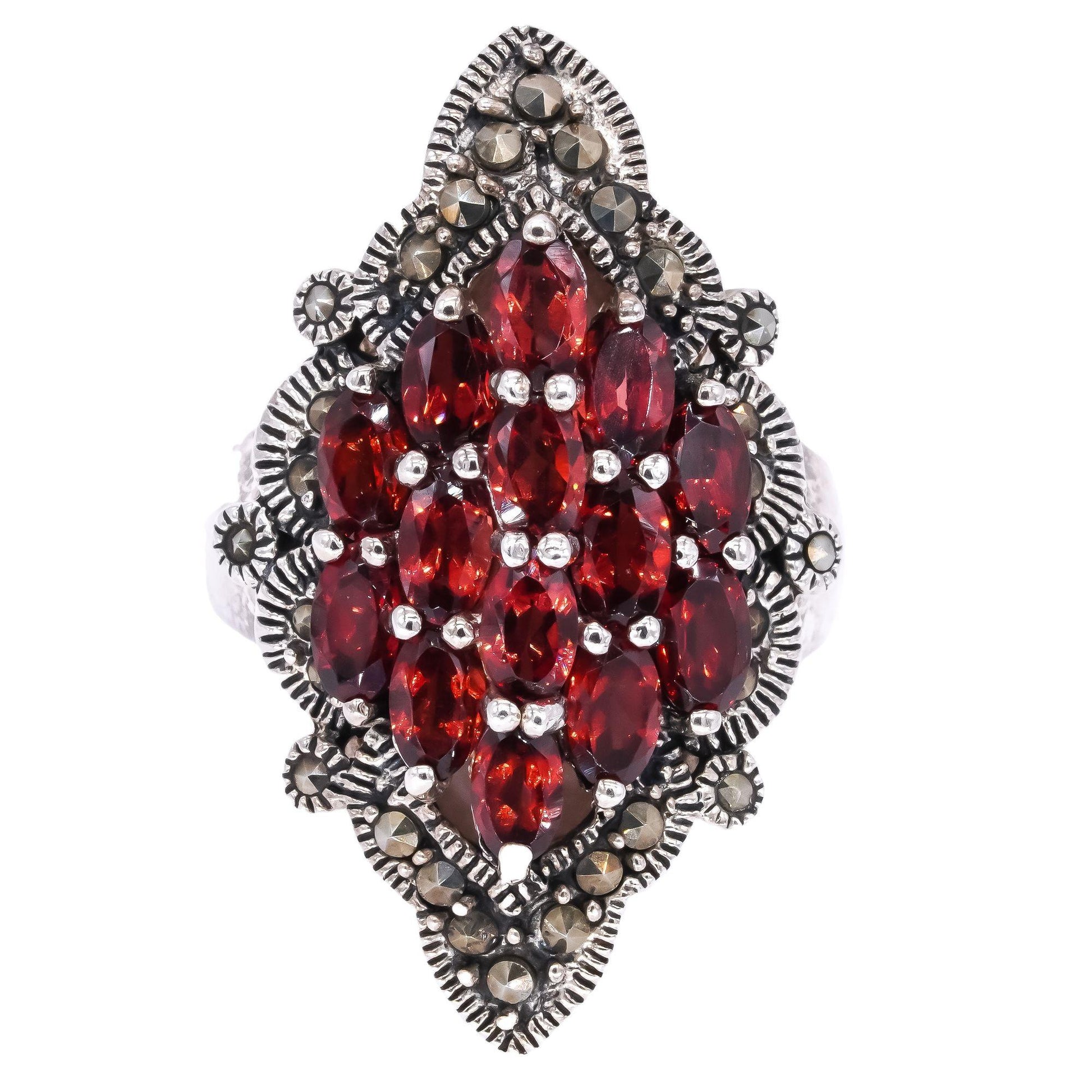 Sterling Silver 3.50CT Garnet and Marcasite Jumbo Cocktail Ring size 8