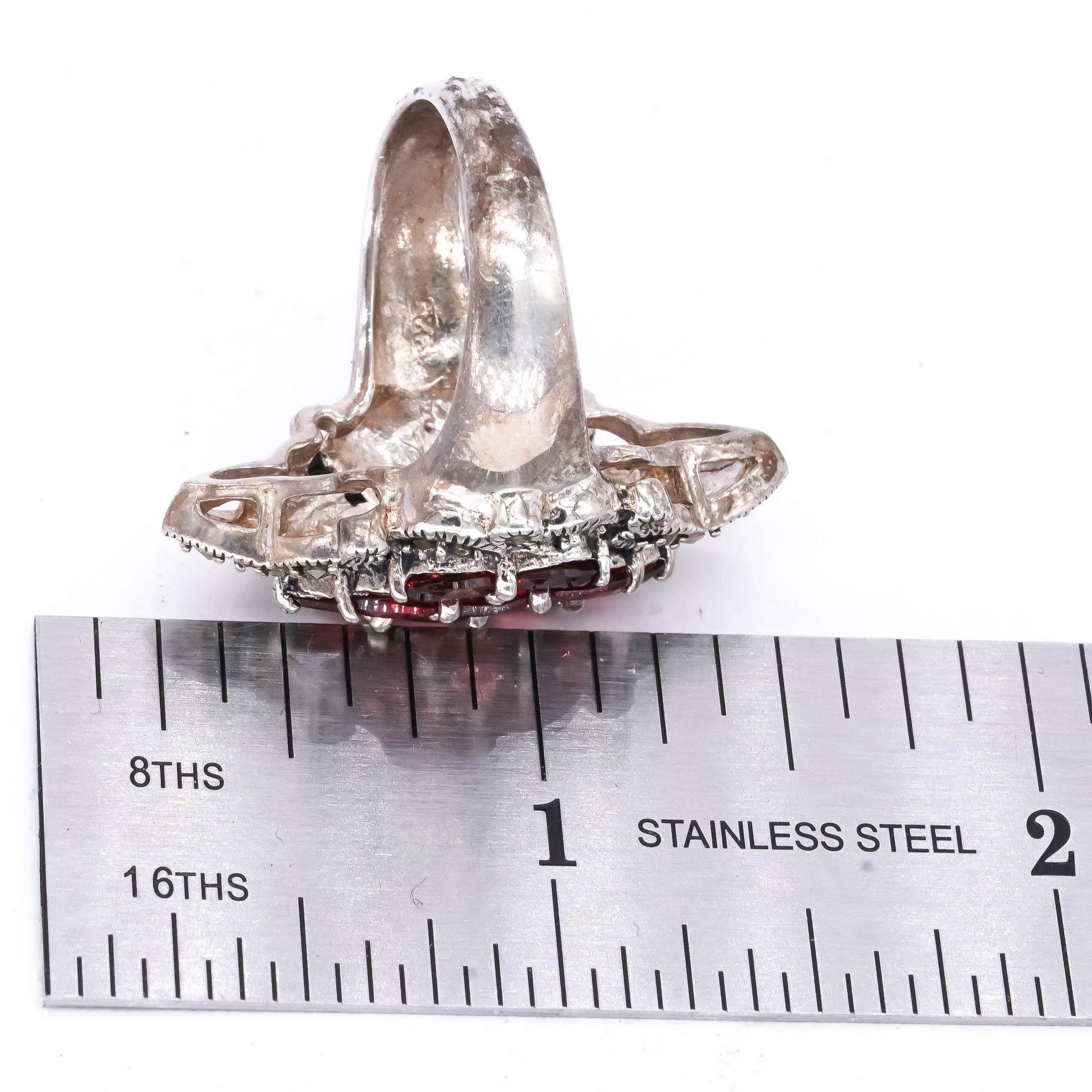 Sterling Silver 3.50CT Garnet and Marcasite Jumbo Cocktail Ring size 8