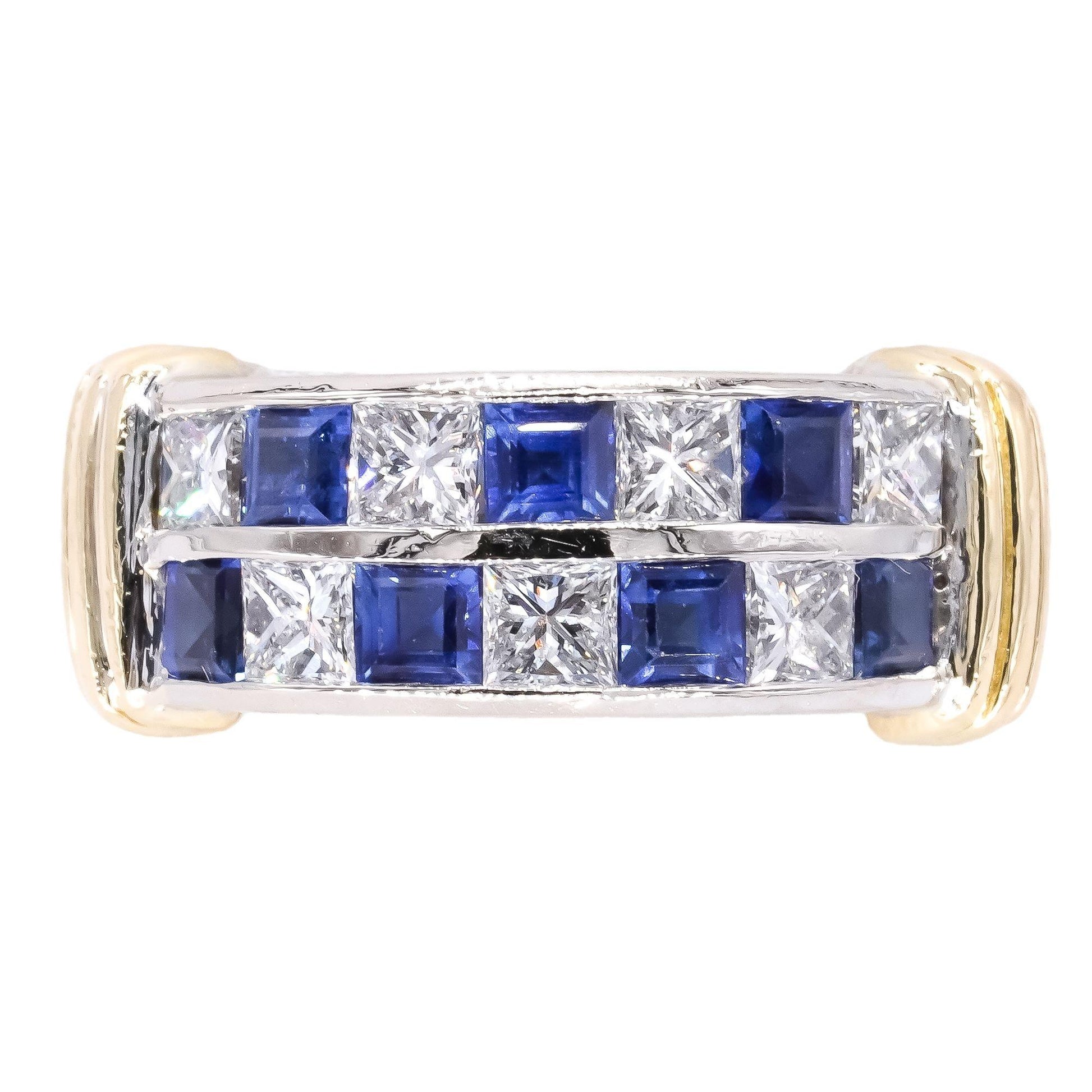 18k White & Yellow Gold 1.50CT VS Diamond & Sapphire Wedding Band Ring size 7