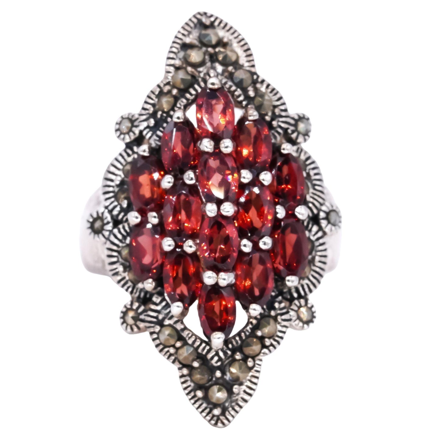 Sterling Silver 3.50CT Garnet and Marcasite Jumbo Cocktail Ring size 8