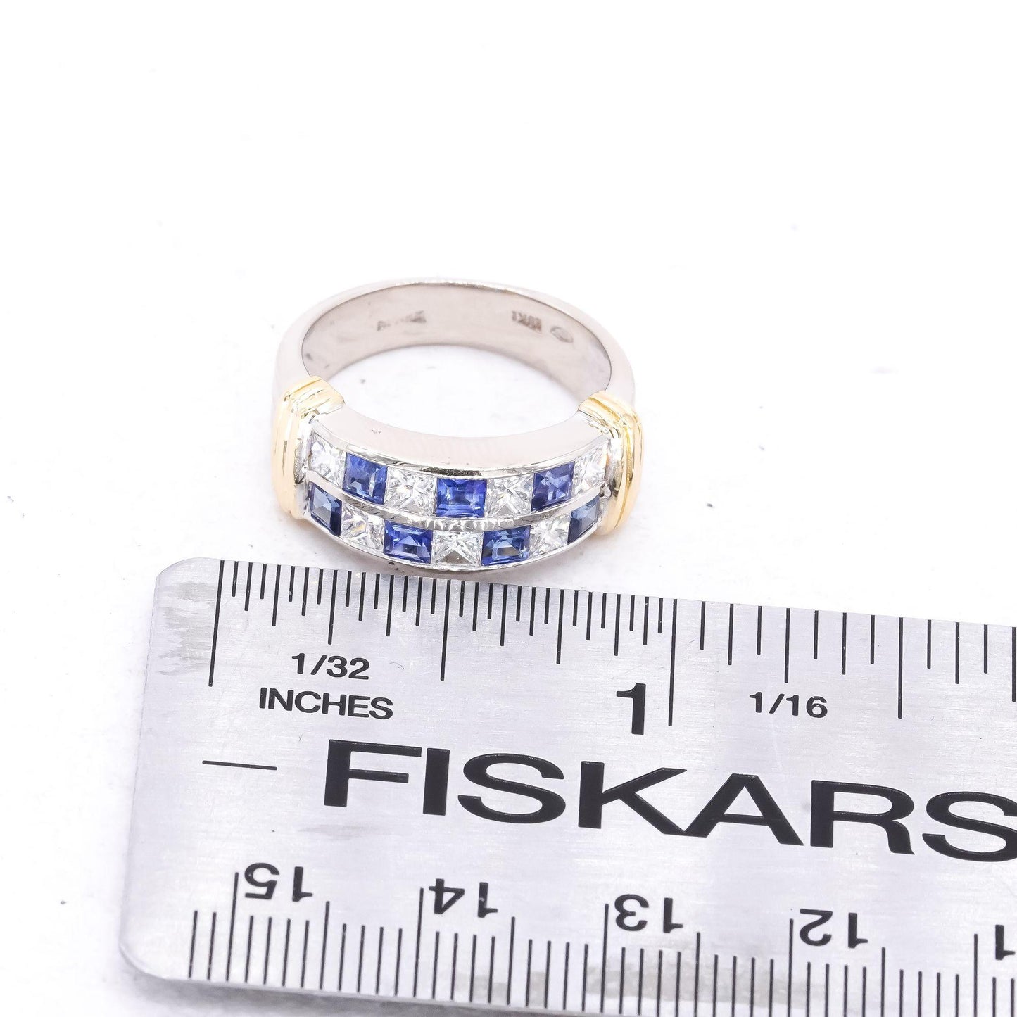 18k White & Yellow Gold 1.50CT VS Diamond & Sapphire Wedding Band Ring size 7