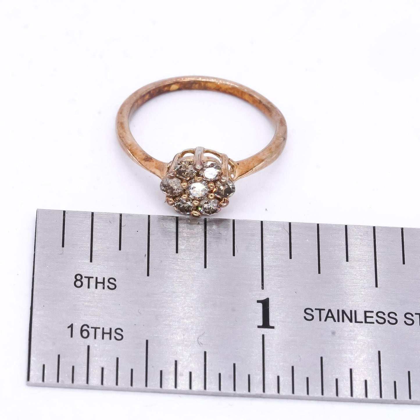 Sterling Silver Gold Plated 0.35CT Brown Diamond Cluster Flower Ring size 6.5