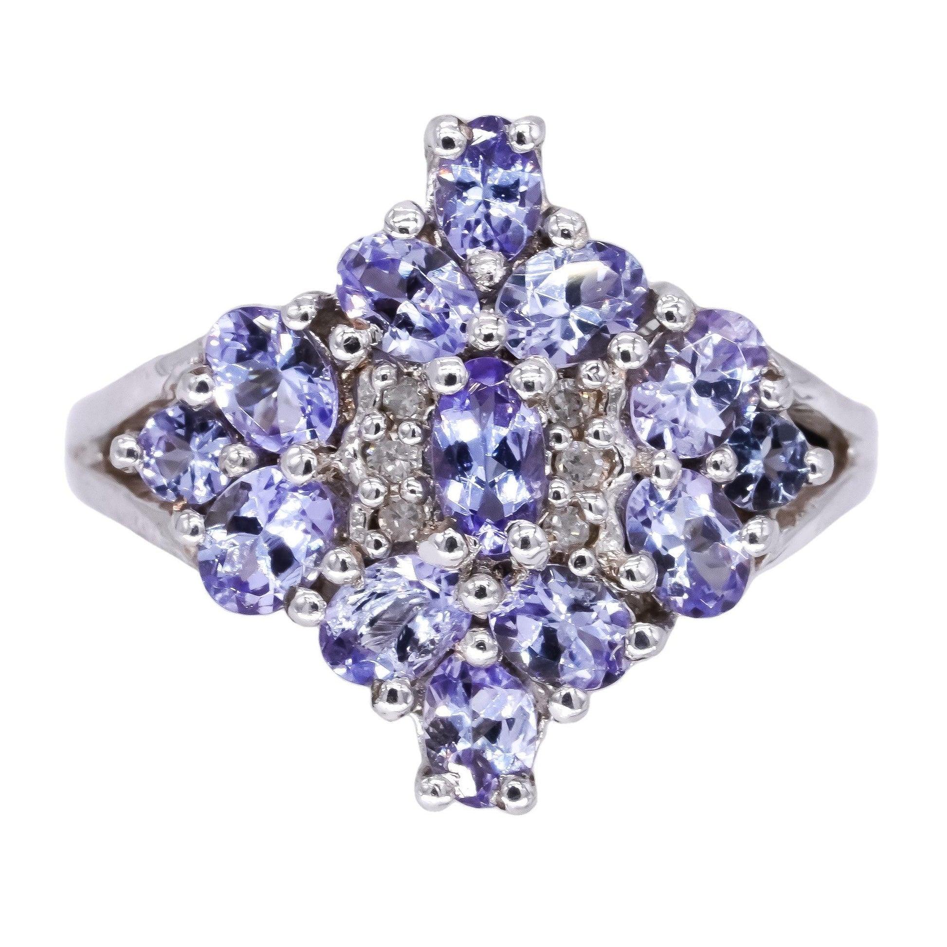 Sterling Silver 1.23CT Diamond & Tanzanite Cluster Flower Cocktail Ring size 6