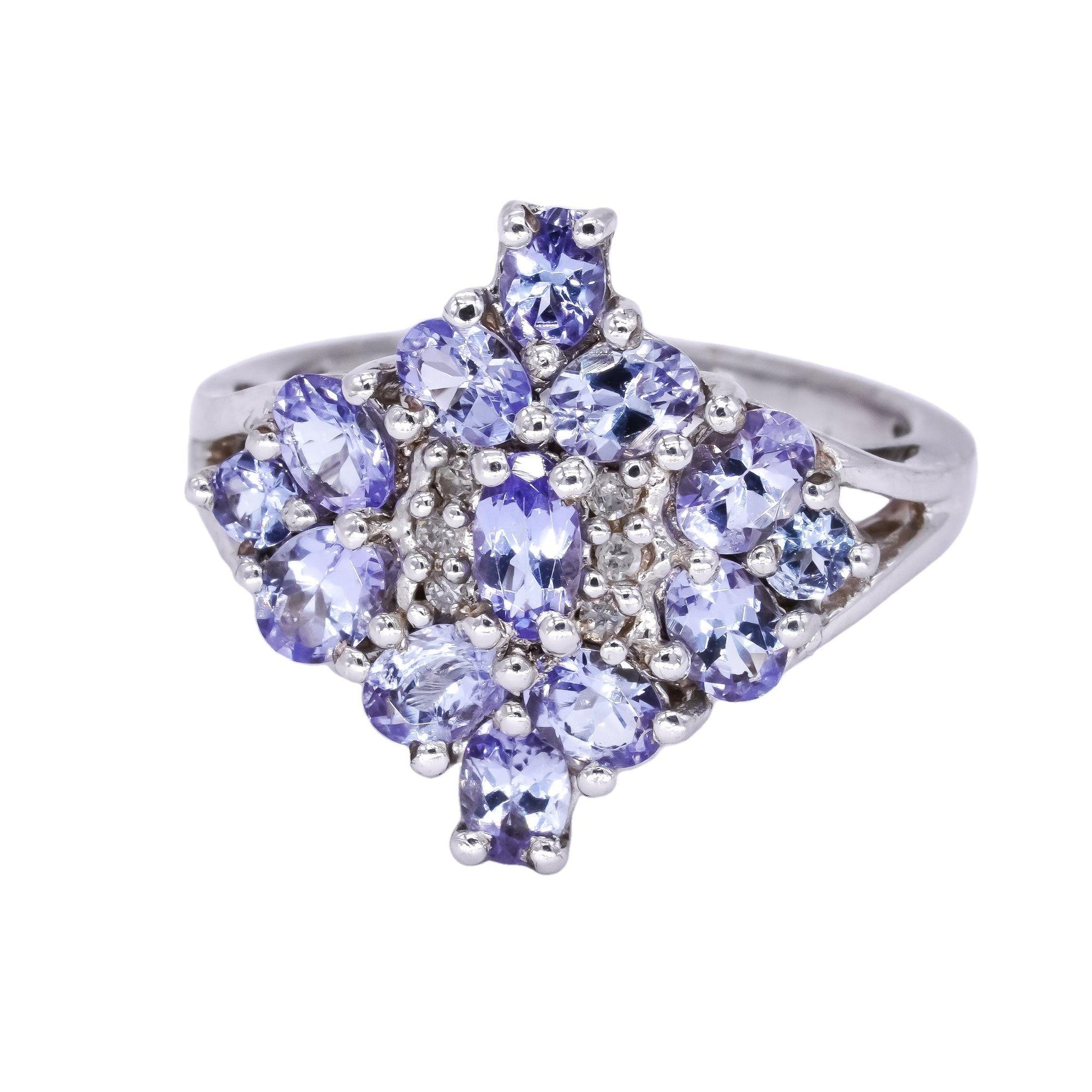 Sterling Silver 1.23CT Diamond & Tanzanite Cluster Flower Cocktail Ring size 6