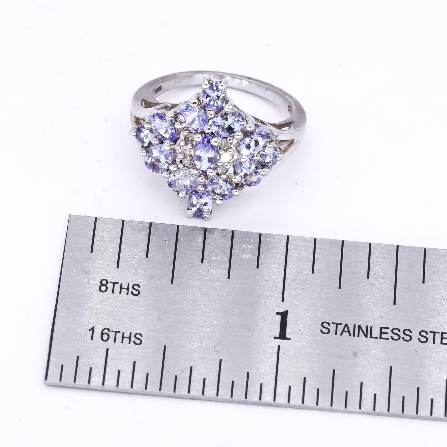 Sterling Silver 1.23CT Diamond & Tanzanite Cluster Flower Cocktail Ring size 6