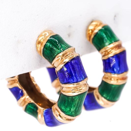 14k Yellow Gold Blue & Green Enamel Hoop Stud Earrings