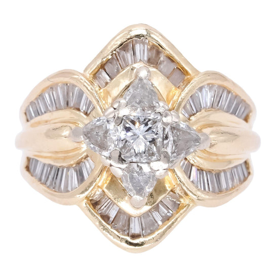 14k Yellow Gold 2.0CT Princess & Trillion Diamond Jumbo Cluster Ring size 7