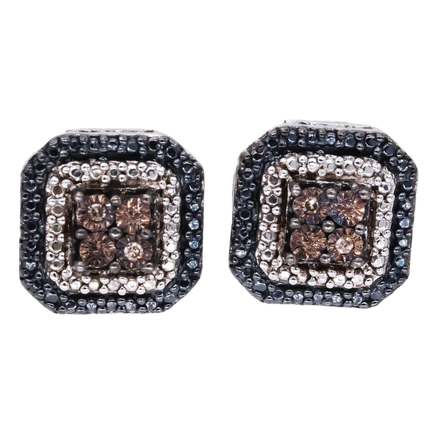 Sterling Silver and Black Rhodium 0.01CT Diamond Square Halo Stud Earrings