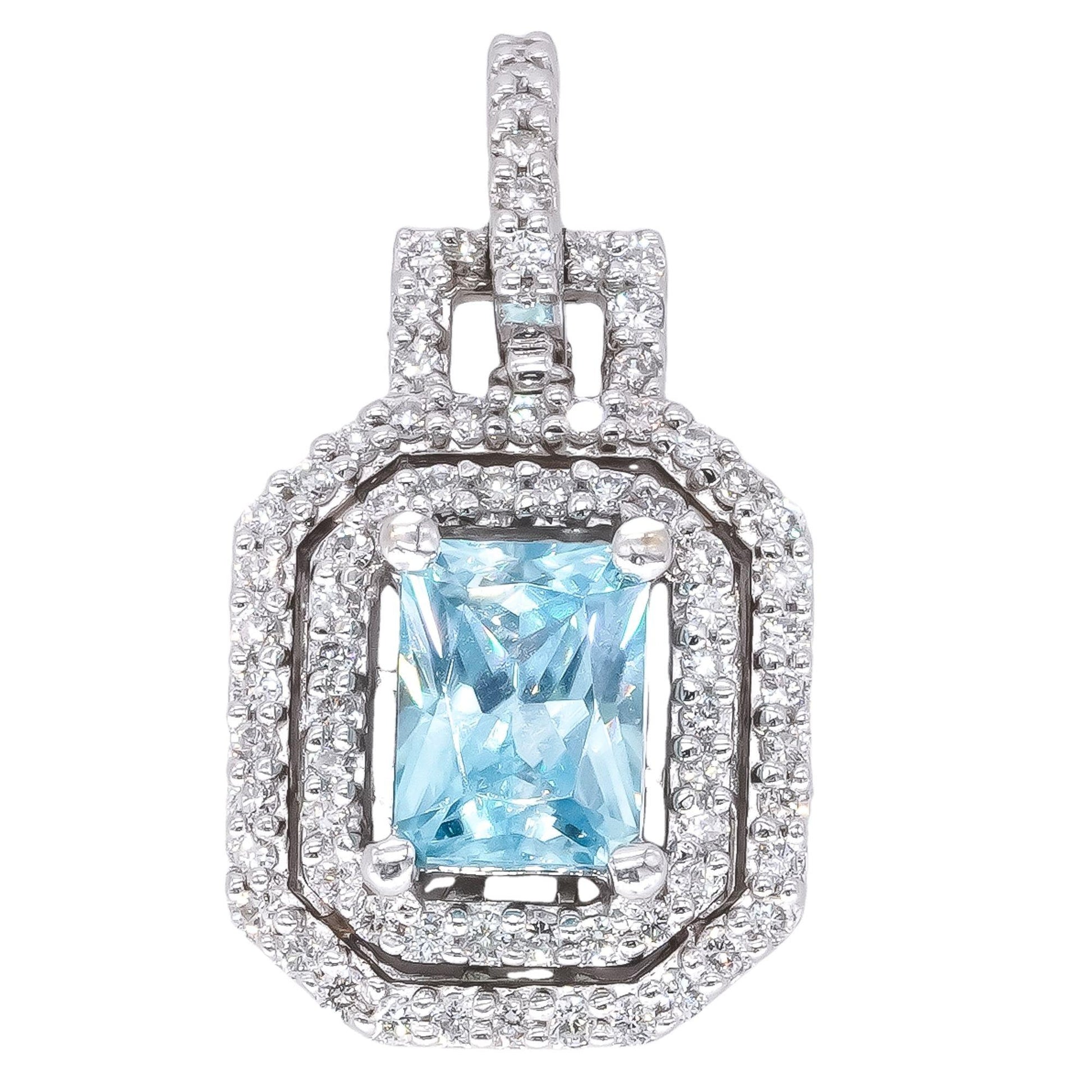 18k White Gold 2.09CT VS Diamond & Blue Zircon Pave Halo Pendant Necklace