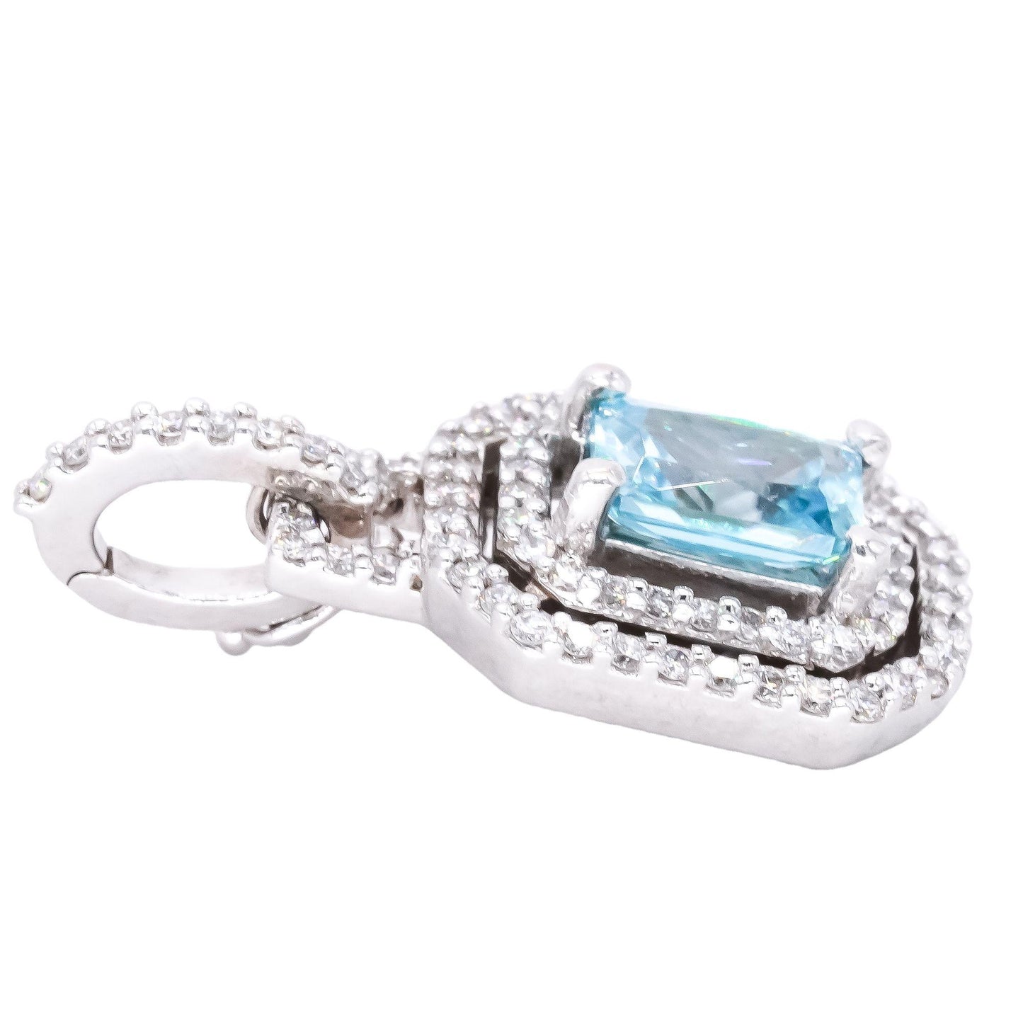 18k White Gold 2.09CT VS Diamond & Blue Zircon Pave Halo Pendant Necklace