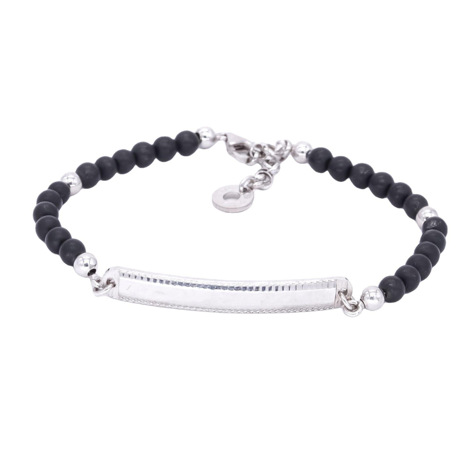 Sterling Silver Jewelry Black Bead ID Plate Bracelet