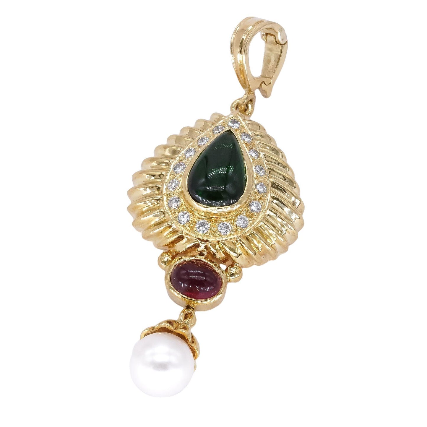 18k Yellow Gold 3.85CT VS Diamond Pearl Green & Pink Tourmaline Pendant Necklace