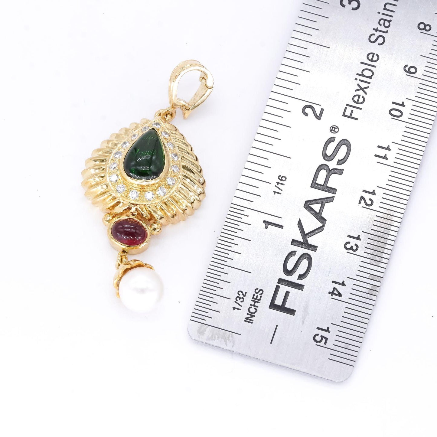 18k Yellow Gold 3.85CT VS Diamond Pearl Green & Pink Tourmaline Pendant Necklace