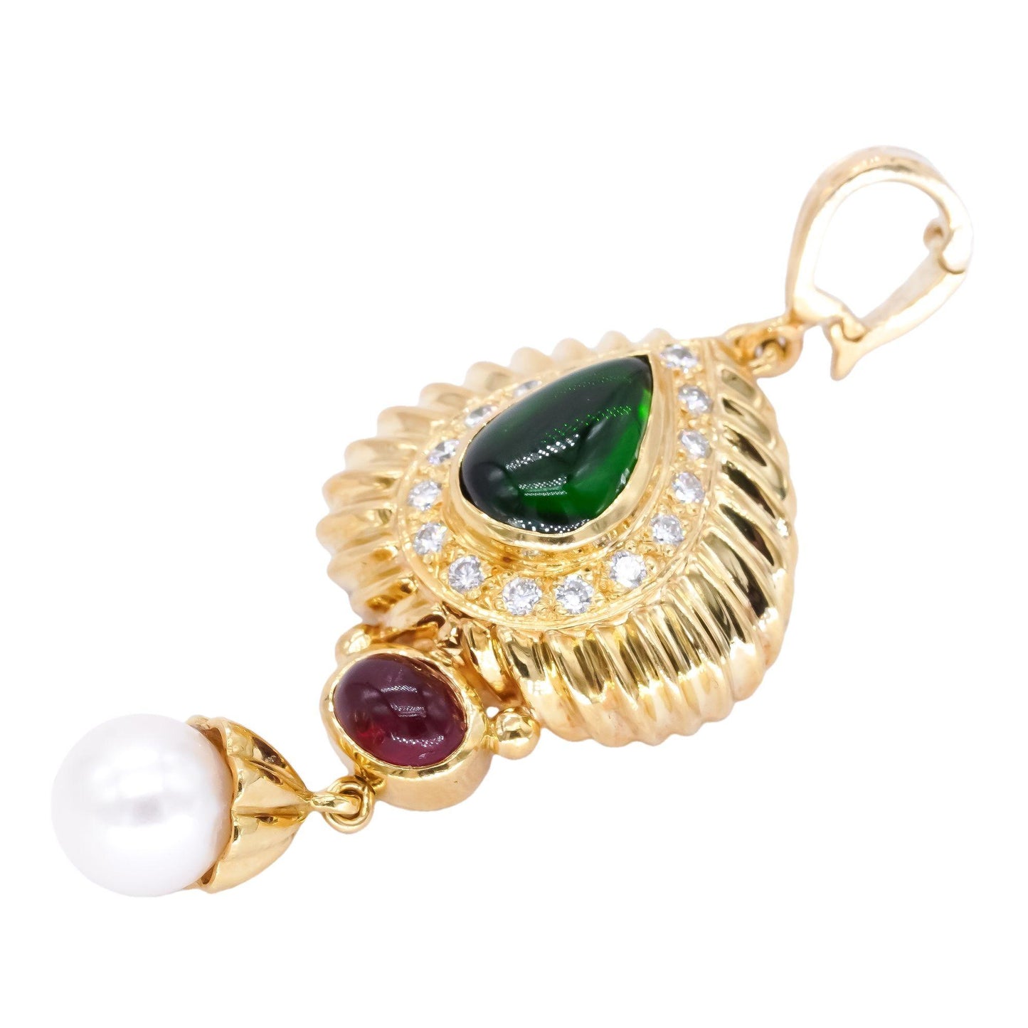 18k Yellow Gold 3.85CT VS Diamond Pearl Green & Pink Tourmaline Pendant Necklace