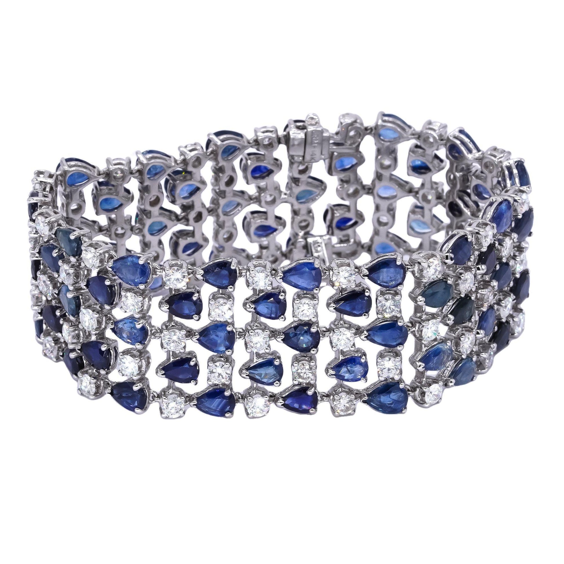 14k White Gold 49.05CT Diamond & Sapphire Jumbo Wide Bracelet - 50.56 grams