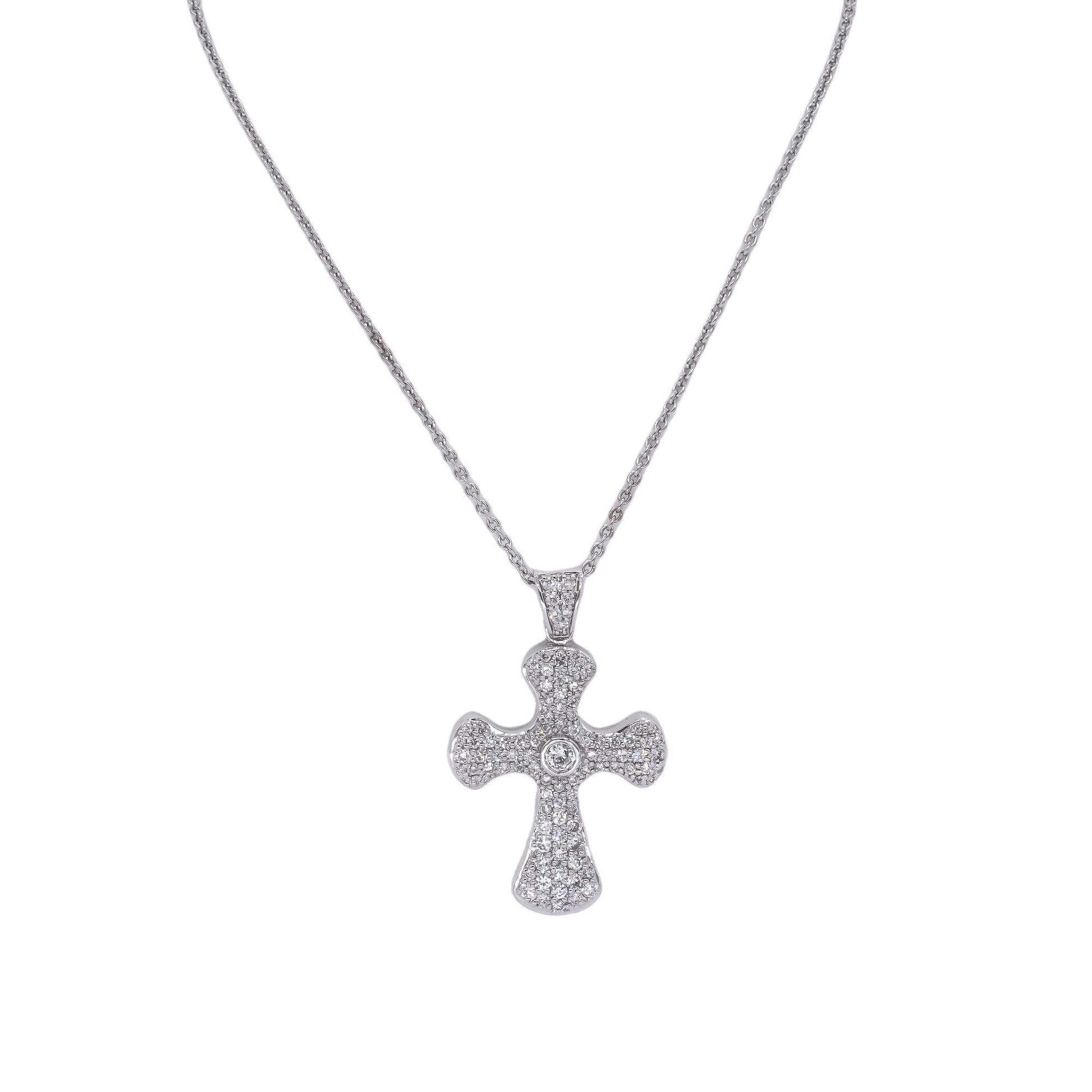 18k White Gold 1.16CT Diamond Pave Bubble Cross Pendant Necklace