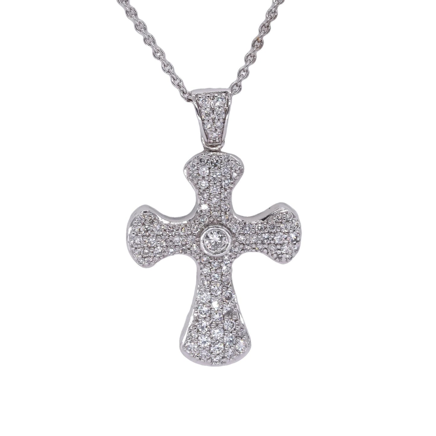 18k White Gold 1.16CT Diamond Pave Bubble Cross Pendant Necklace