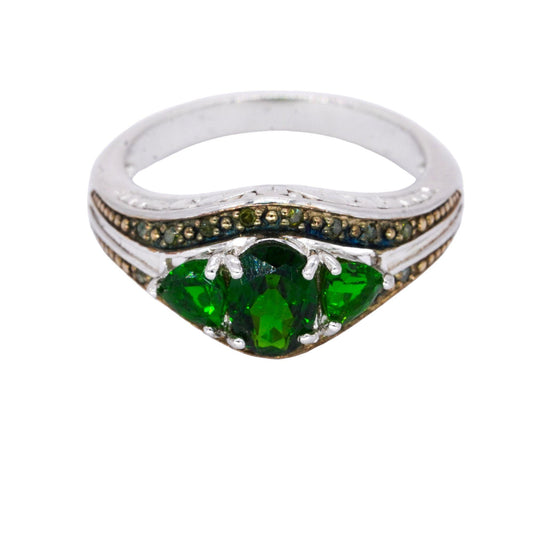 Sterling Silver Jewelry 1.75CT Green Garnet and Green Diamond Ring size 7