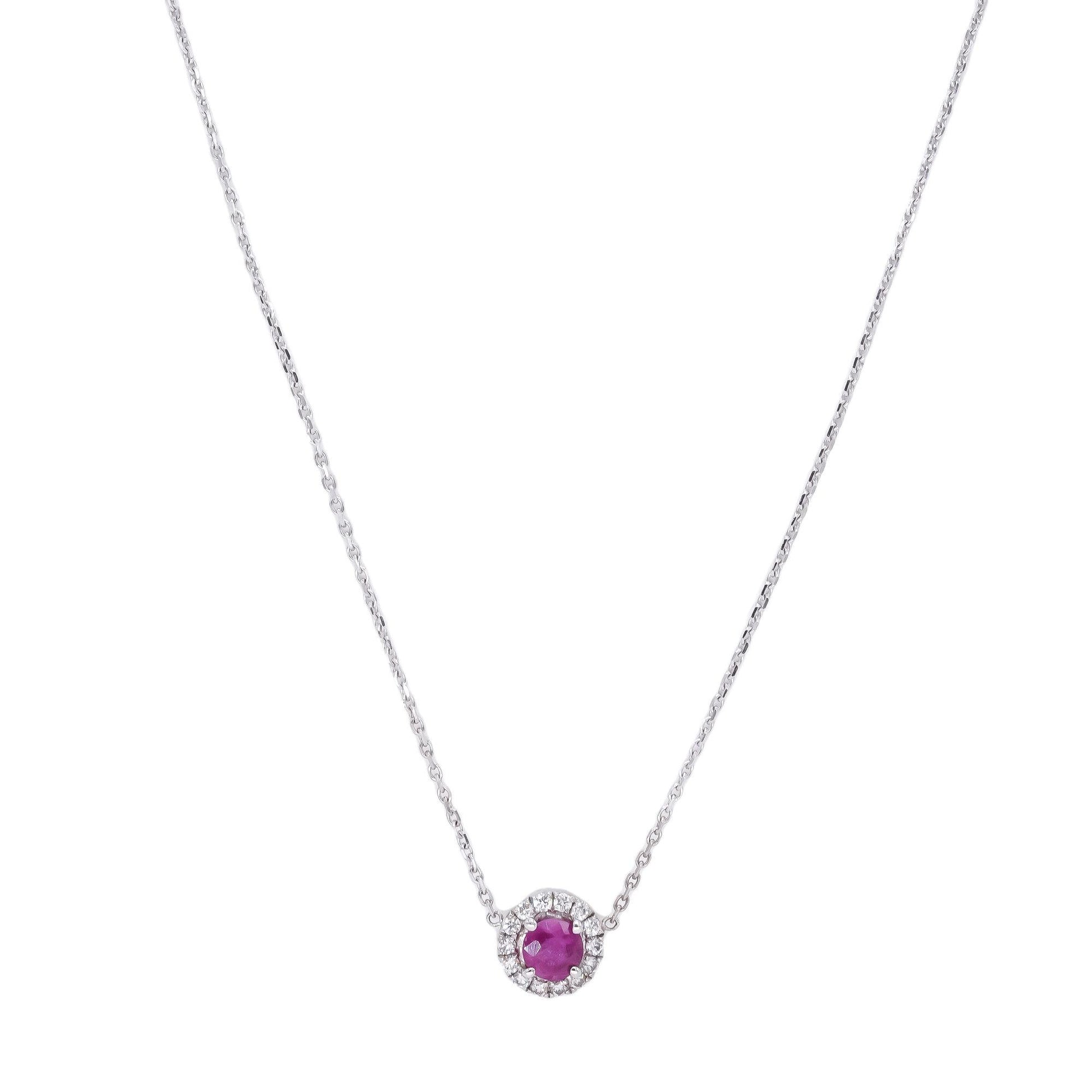 10k White Gold Jewelry 0.74CT Diamond & Ruby Halo Pendant Necklace