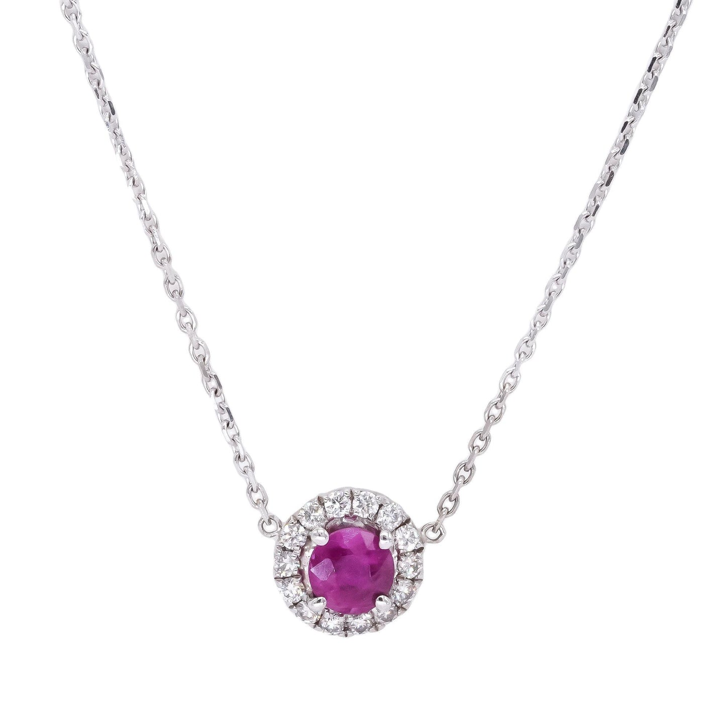 10k White Gold Jewelry 0.74CT Diamond & Ruby Halo Pendant Necklace