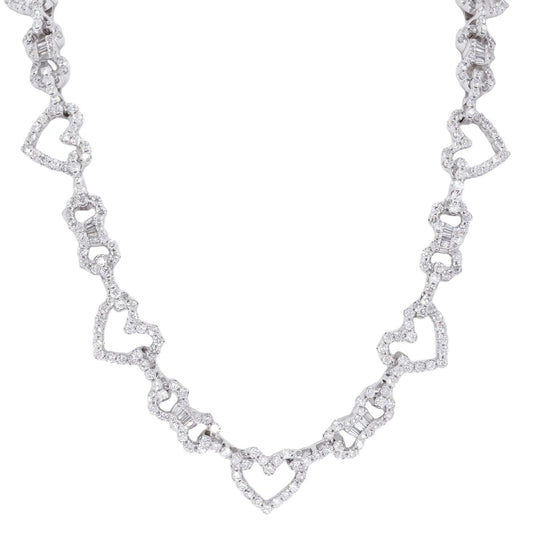 14k White Gold 11.44CT Diamond Fancy Heart Link Necklace - 48.35 grams