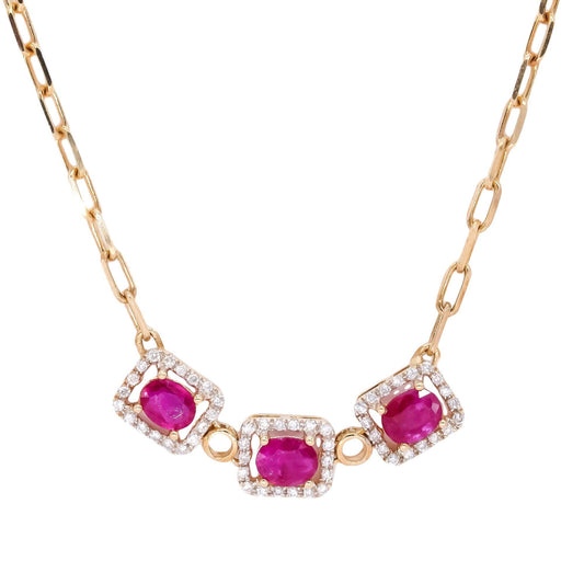 14k Yellow Gold 1.86CT Diamond & Ruby Station Halo Paperclip Necklace