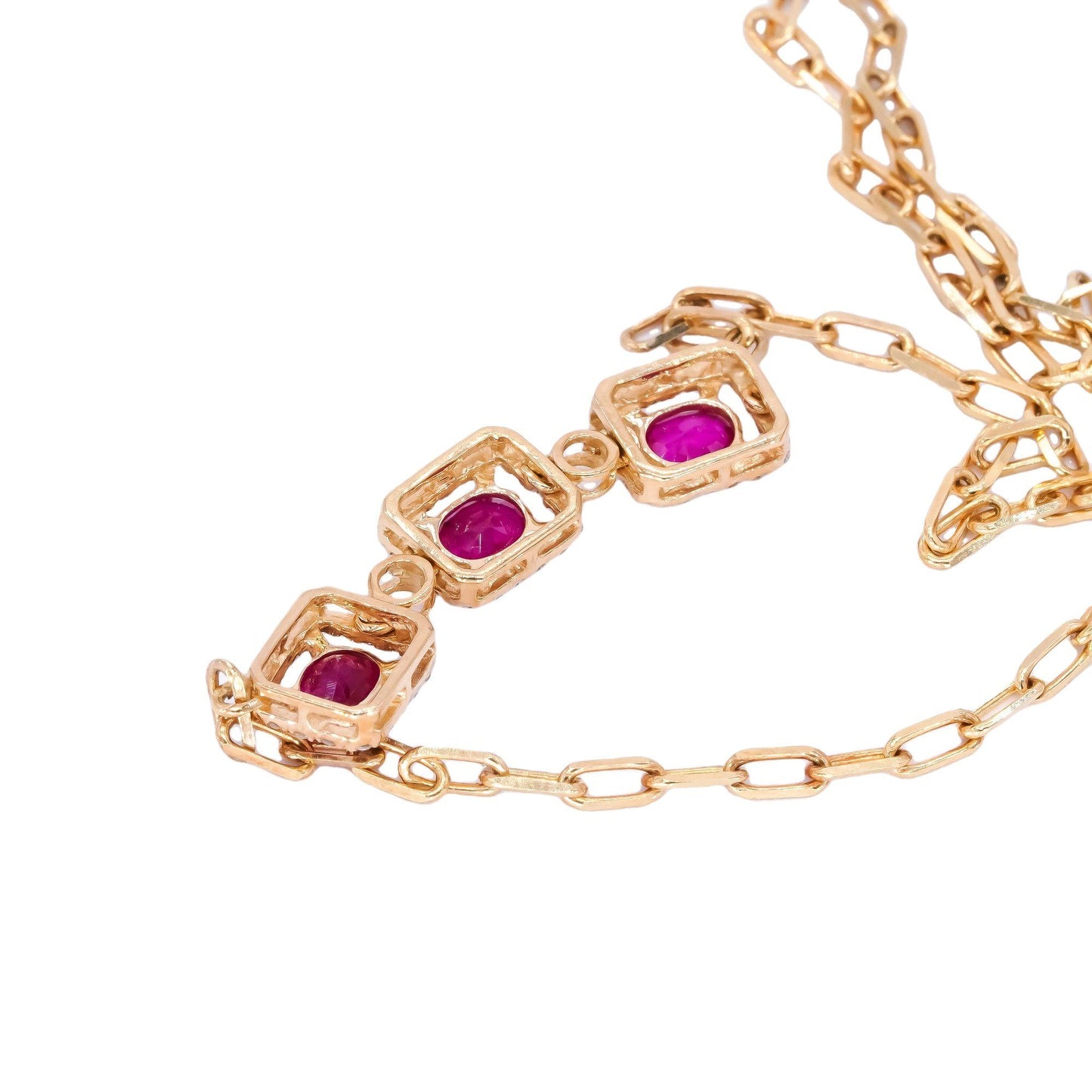 14k Yellow Gold 1.86CT Diamond & Ruby Station Halo Paperclip Necklace